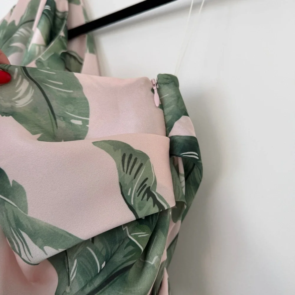 Significant Other $329 Pink Green Tropical Leaf‎ One Shoulder Maxi Dress US 10